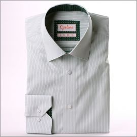 White with thin green stripes shirt, white dots on a green background collar and cuffs