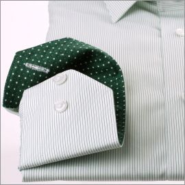 White with thin green stripes shirt, white dots on a green background collar and cuffs