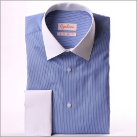 Blue with thin white stripes french cuff shirt with white collar and cuffs
