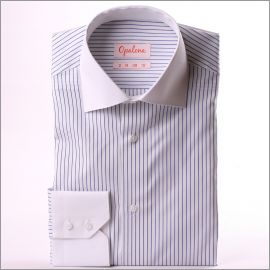 White shirt with navy blue stripes, white collar and cuffs