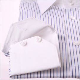 White shirt with navy blue stripes, white collar and cuffs