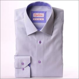 Light grey shirt with white and lilac gingham collar and cuffs