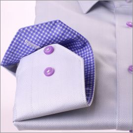 Light grey shirt with white and lilac gingham collar and cuffs