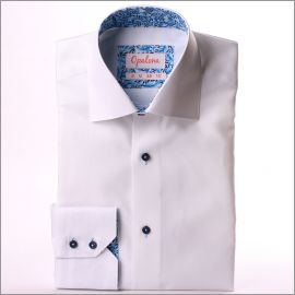 Chemise blanche à col et poignets à motifs feuilles bleues