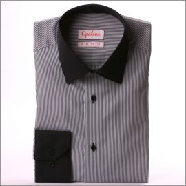 Thin white and black stripes shirt with black collar and cuffs