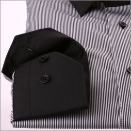 Thin white and black stripes shirt with black collar and cuffs
