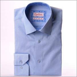 Blue shirt with thin white stripes, blue floral collar and cuffs