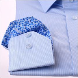 Blue shirt with thin white stripes, blue floral collar and cuffs