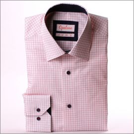 Red and white checkered shirt with navy blue collar and cuffs