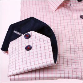 Red and white checkered shirt with navy blue collar and cuffs