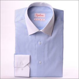Light blue shirt with white collar and cuffs