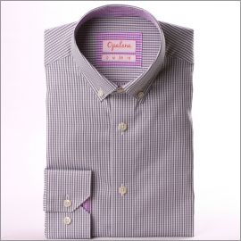 Grey and white checkered shirt with lilac checkered collar and cuffs