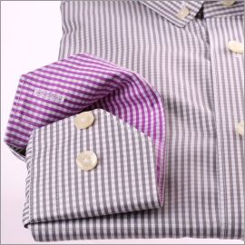 Grey and white checkered shirt with lilac checkered collar and cuffs