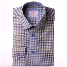 Blue, brown and beige checkered shirt with blue collar and cuffs