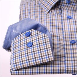 Blue, brown and beige checkered shirt with blue collar and cuffs