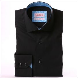 Black shirt with light blue and white pattern collar and cuffs