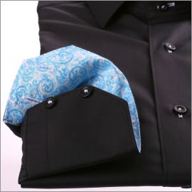 Black shirt with light blue and white pattern collar and cuffs