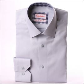 Light grey shirt with blue and white checkered collar and cuffs