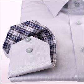 Light grey shirt with blue and white checkered collar and cuffs