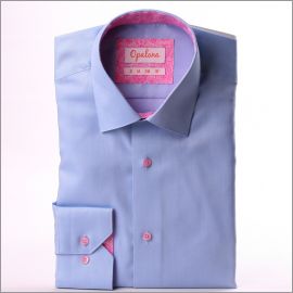 Blue shirt with pink pattern collar and cuffs