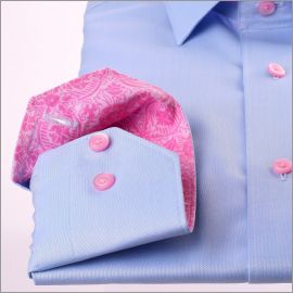 Blue shirt with pink pattern collar and cuffs