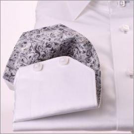 White shirt with light grey pattern collar and cuffs