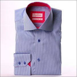 Dark blue and white stripe shirt with fuchsia collar and cuffs