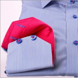 Dark blue and white stripe shirt with fuchsia collar and cuffs