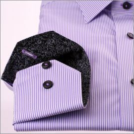 Lilac and white sripe shirt with drak grey pattern collar and cuffs