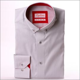 Light grey and white stripe shirt with raspberry collar and cuffs