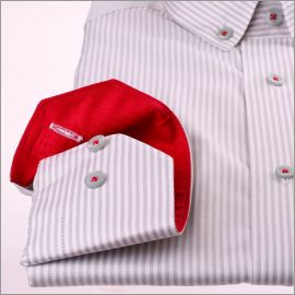 Light grey and white stripe shirt with raspberry collar and cuffs