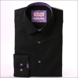 Chemise noire à col et poignets à motifs mauves