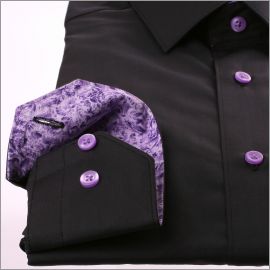 Chemise noire à col et poignets à motifs mauves