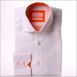 White linen shirt with orange collar and cuffs