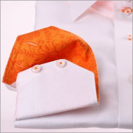 White linen shirt with orange collar and cuffs
