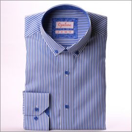Medium blue and white stripe shirt with blue pattern collar and cuffs