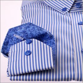 Medium blue and white stripe shirt with blue pattern collar and cuffs
