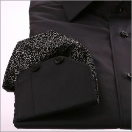 Black shirt with white pattern collar and cuffs