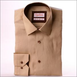 Chemise en lin beige à col et poignets à motifs marrons