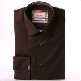 Brown shirt with blue, brown and ochre stripe collar and cuffs