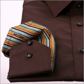 Brown shirt with blue, brown and ochre stripe collar and cuffs