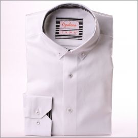 White shirt with white, grey and black striped collar and cuffs