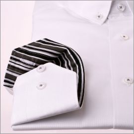 White shirt with white, grey and black striped collar and cuffs