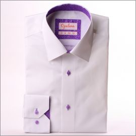 White shirt with purple pattern collar and cuffs