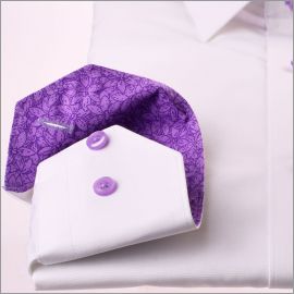 White shirt with purple pattern collar and cuffs