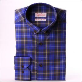 Purple, yellow and brown checkered button-down shirt