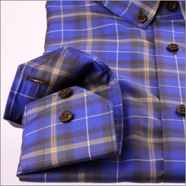 Purple, yellow and brown checkered button-down shirt