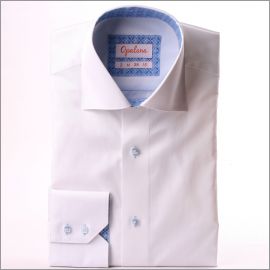 White shirt with sky blue pattern collar and cuffs