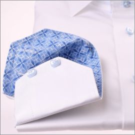 White shirt with sky blue pattern collar and cuffs