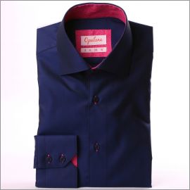Navy blue shirt with pink pattern collar and cuffs